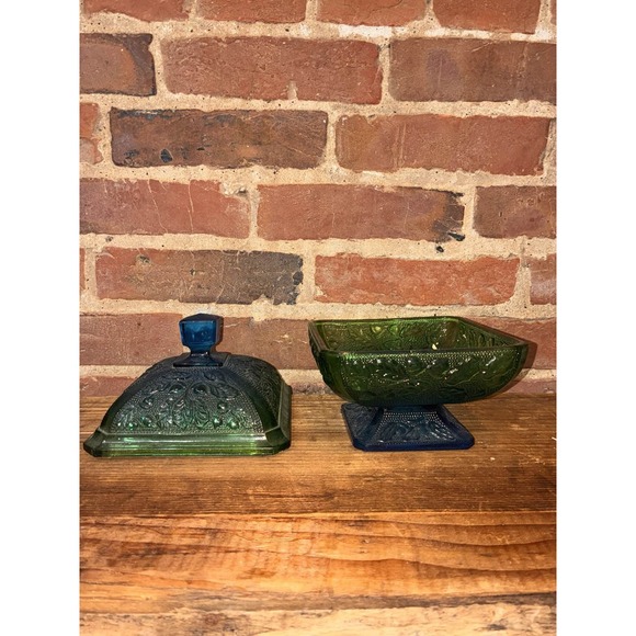 Jeannette Blue Green Glass Footed Candy Dish Grape Leaf - Picture 4 of 9